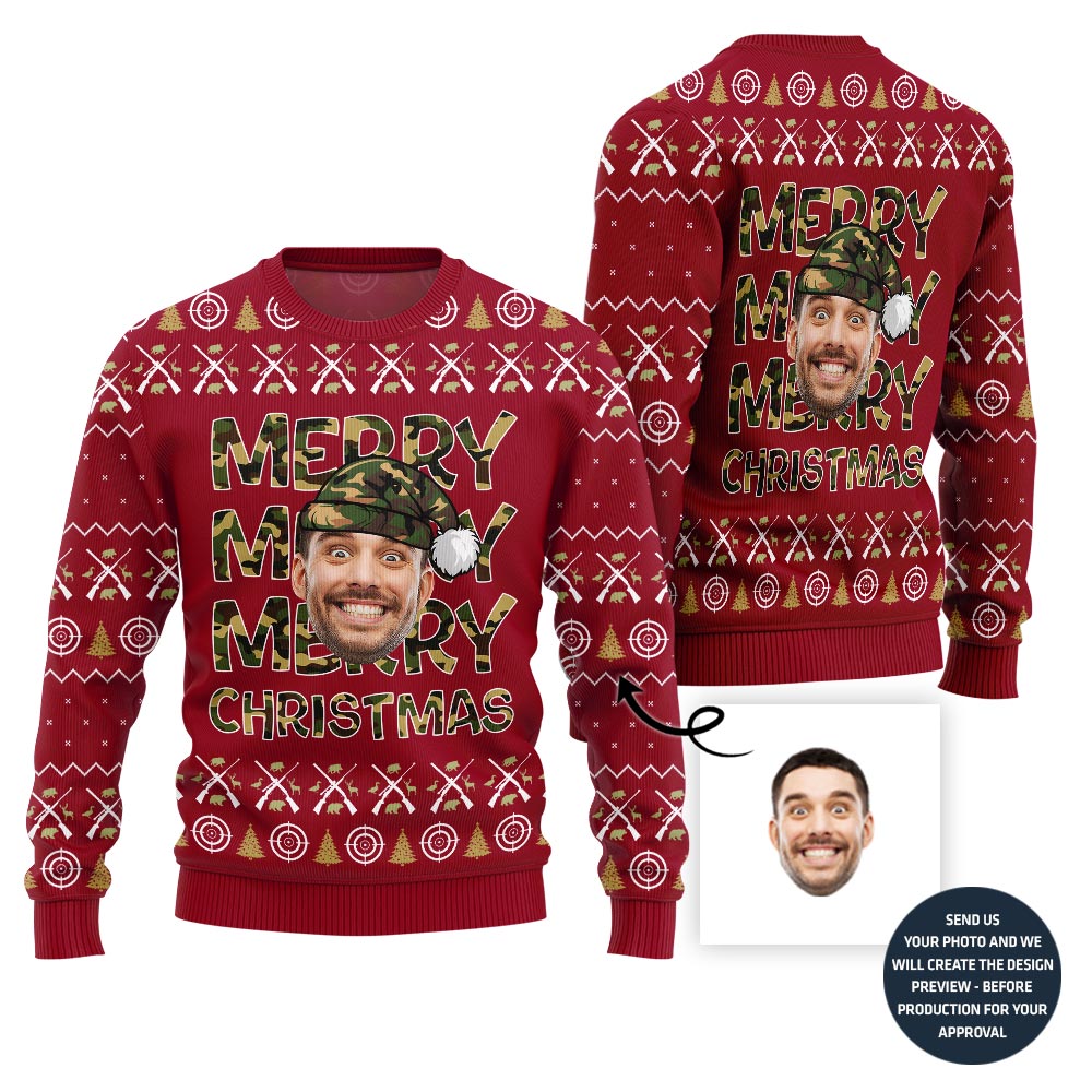 Merry Christmas Custom Face Hunting Pattern Sweater