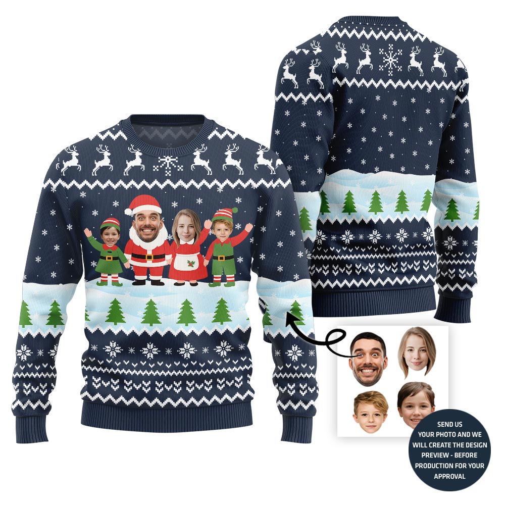Custom Face Family Santa And Elf Christmas Sweater