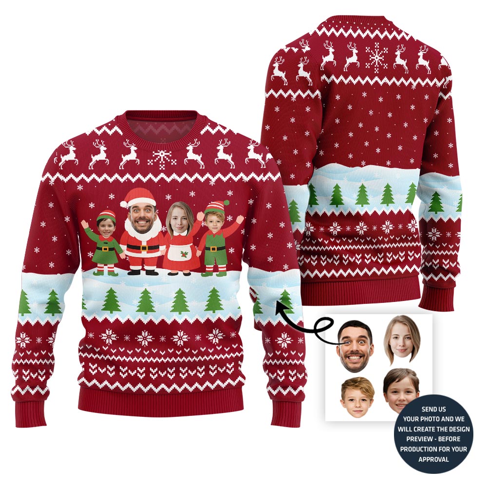 Custom Face Family Santa And Elf Christmas Sweater