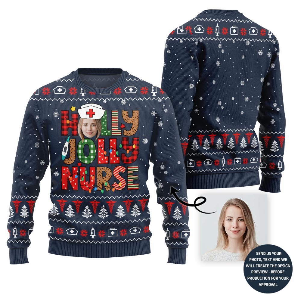 Holly Jolly Nurse Custom Face Ugly Christmas Sweater