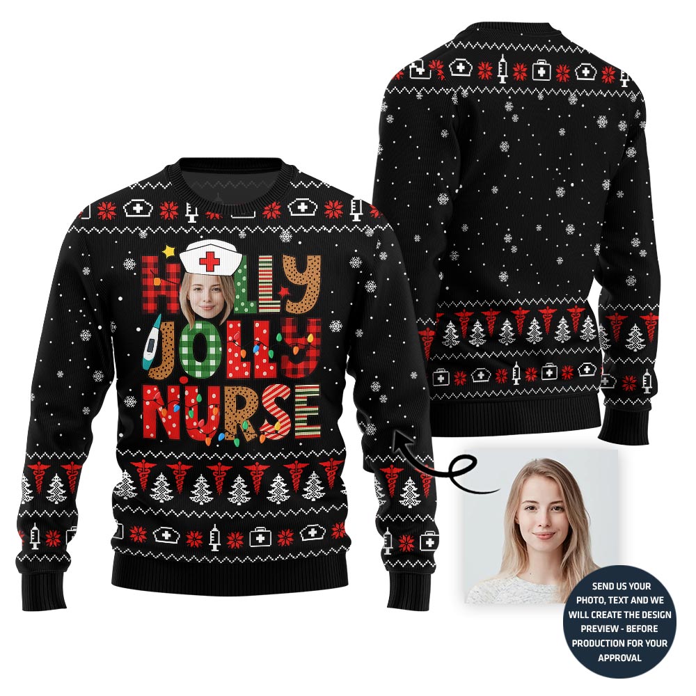 Holly Jolly Nurse Custom Face Ugly Christmas Sweater