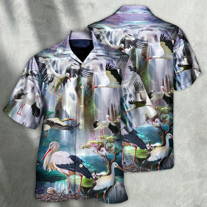 Stork Bird In The Dreamy Waterfall - Hawaiian Shirt 