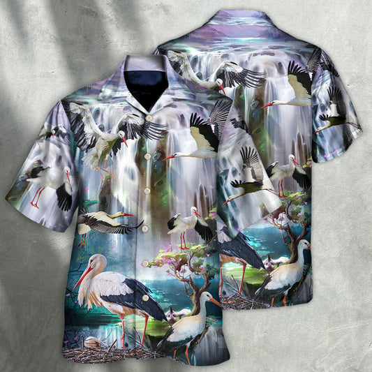 Stork Bird In The Dreamy Waterfall - Hawaiian Shirt 