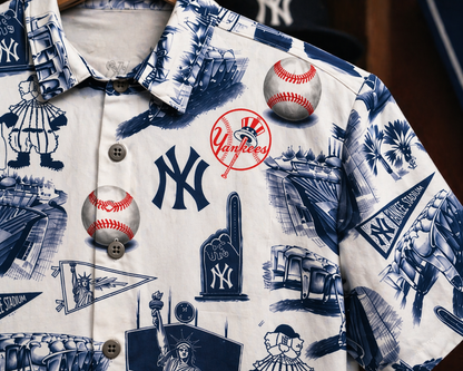 Camisa Hawaiana Unisex Vintage con Botones Edición Legado del Eslogan del Estadio de Béisbol Y de Nueva York