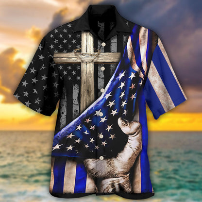 Jesus Back The Blue Faith Cross - Hawaiian Shirt 