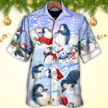 Christmas Penguin Family In Love Christmas Art Style - Hawaiian Shirt 