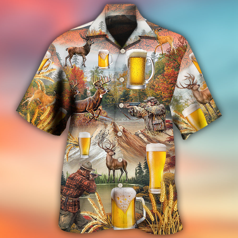 Beer And Hunting Deer Autumn Mountain - Hawaiian Shirt 
