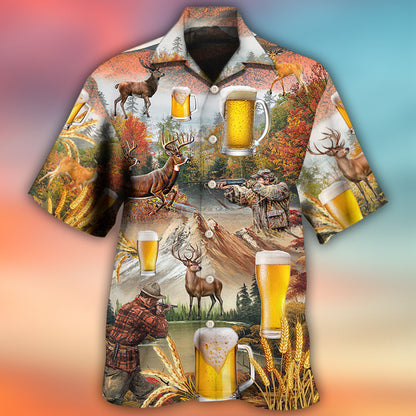 Beer And Hunting Deer Autumn Mountain - Hawaiian Shirt 