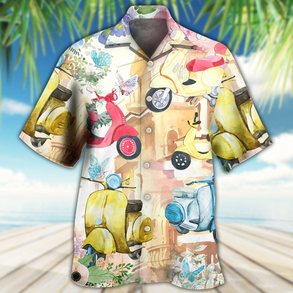 Scooter And Flowers Watercolor Art - Hawaiian Shirt 