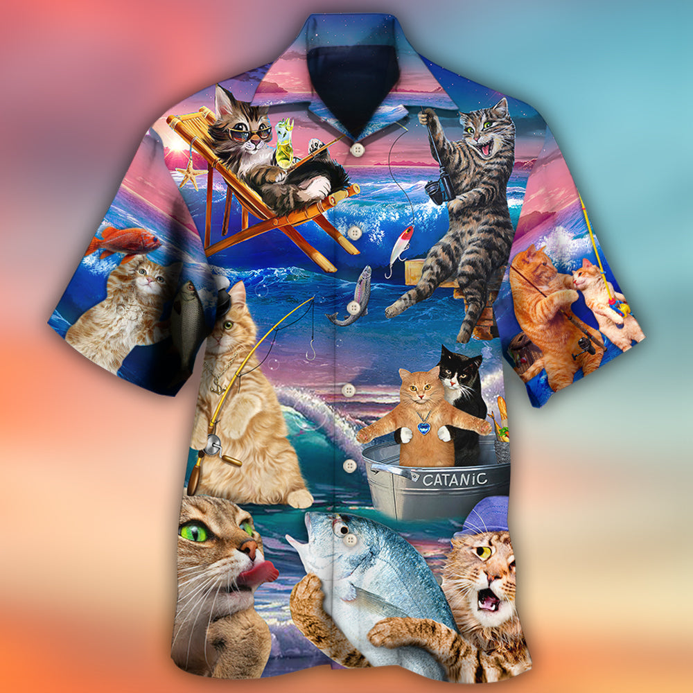 Fishing Cat Cute Beach Art Style - Hawaiian Shirt 
