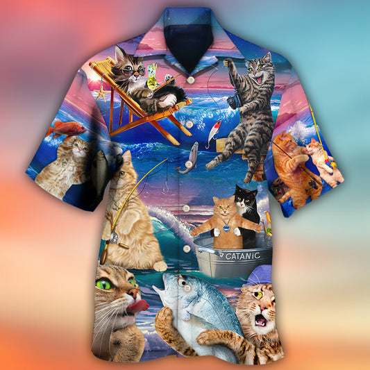 Fishing Cat Cute Beach Art Style - Hawaiian Shirt 