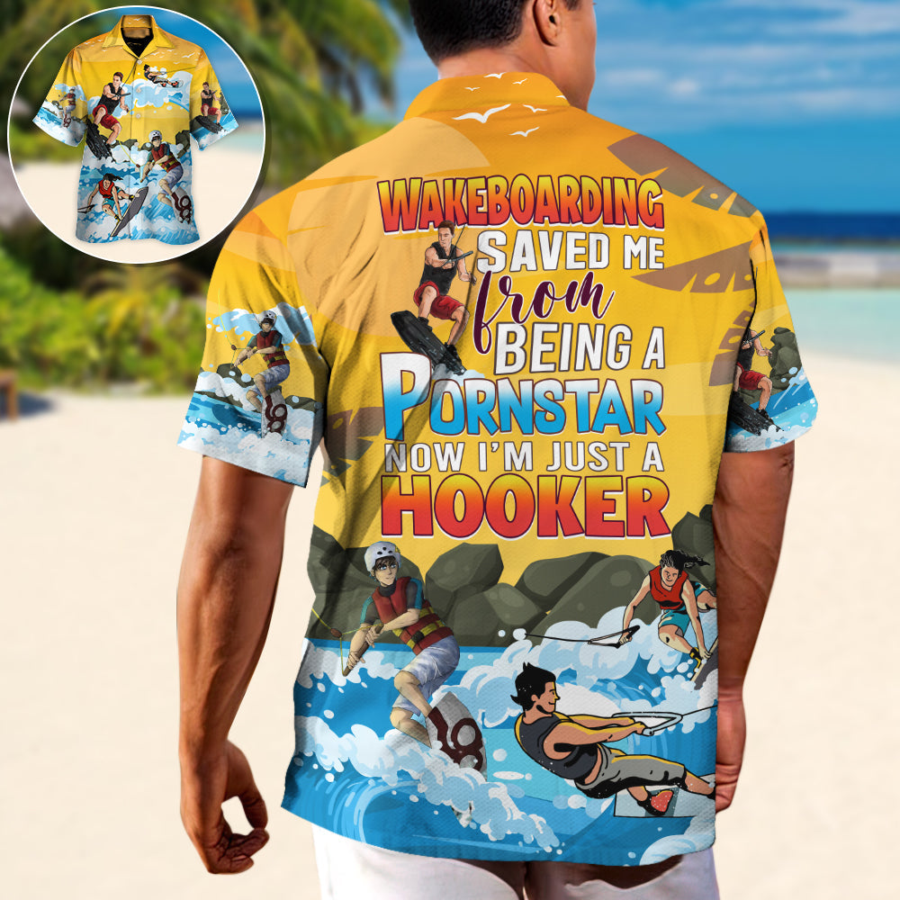 El wakeboard me salvó de ser una estrella porno Divertida cita de wakeboard Regalo amante de la playa - Camisa hawaiana unisex para hombres y mujeres