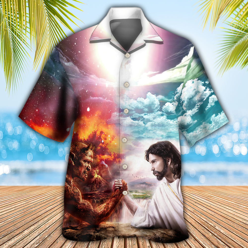 Wrestling Arm Wrestling Jesus vs Satan - Hawaiian Shirt 