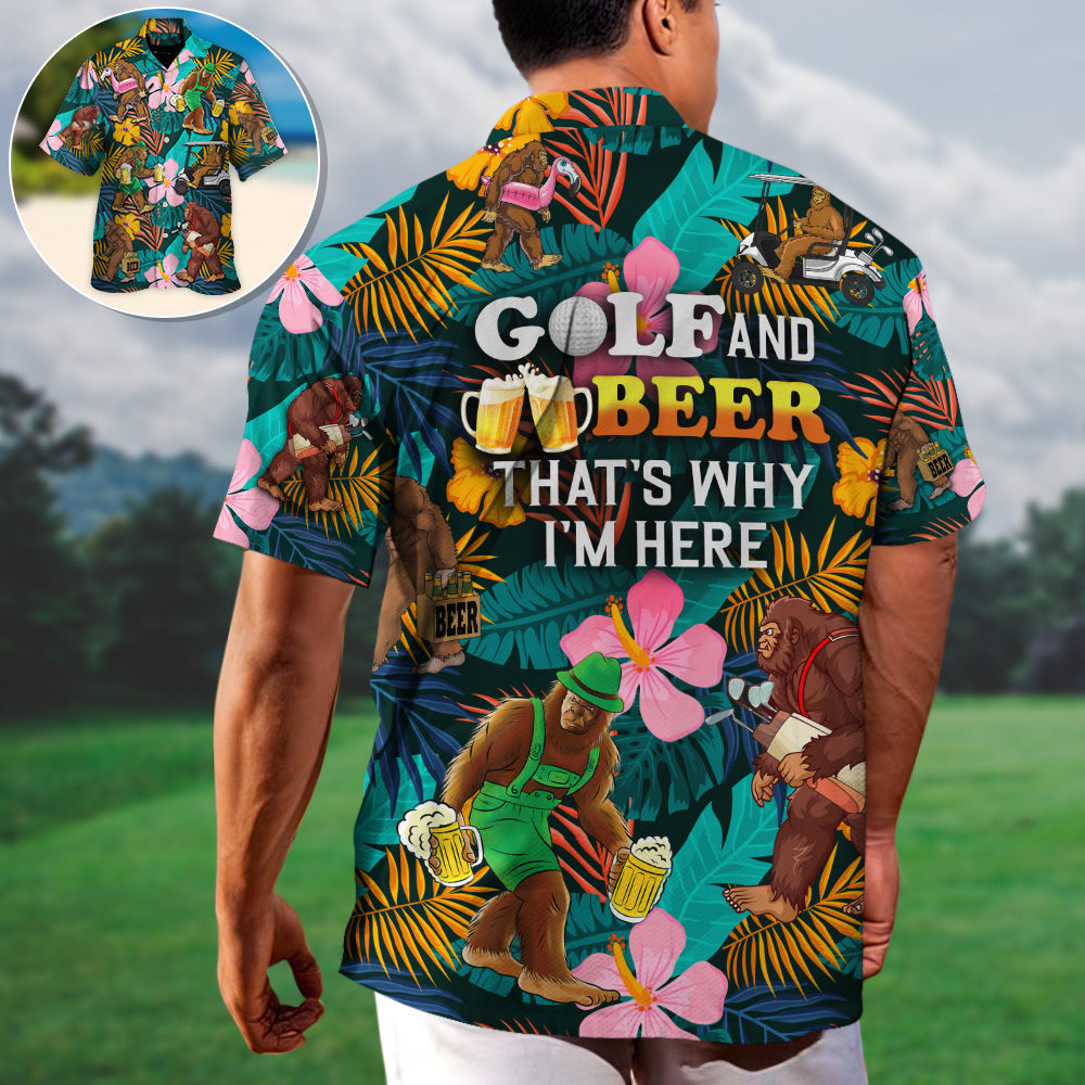 Golf Funny Bigfoot Playing Golf Golf and Beer Tropical Lover - Unisex Hawaiian Shirt For Men and Women
