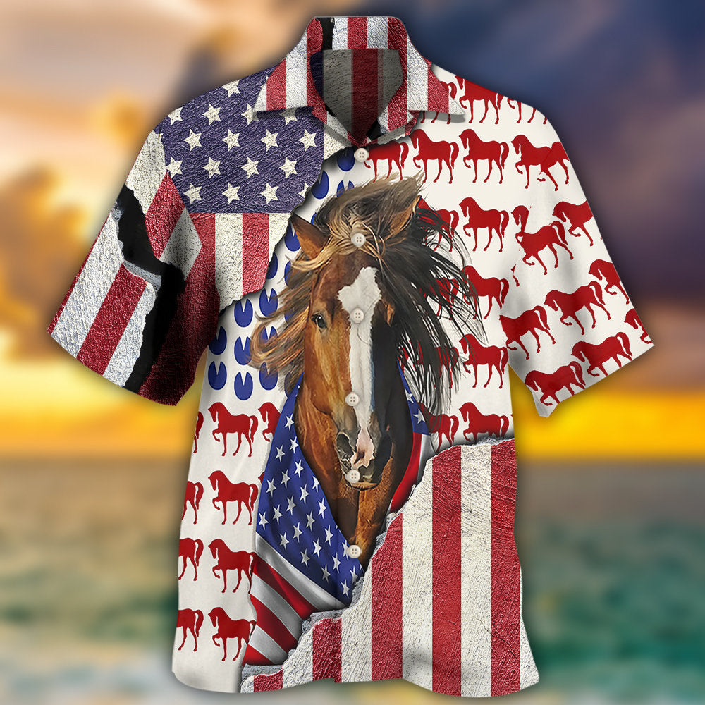 Horse Patriotic Horse American Flag - Hawaiian Shirt 
