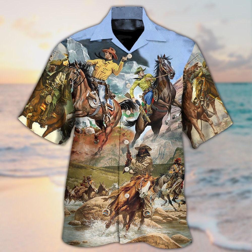 Cowboy Shootin Riding Horse Desert - Hawaiian Shirt 