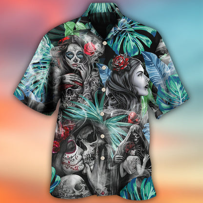 Skull Tropical White Smoke Red Flower - Hawaiian Shirt 