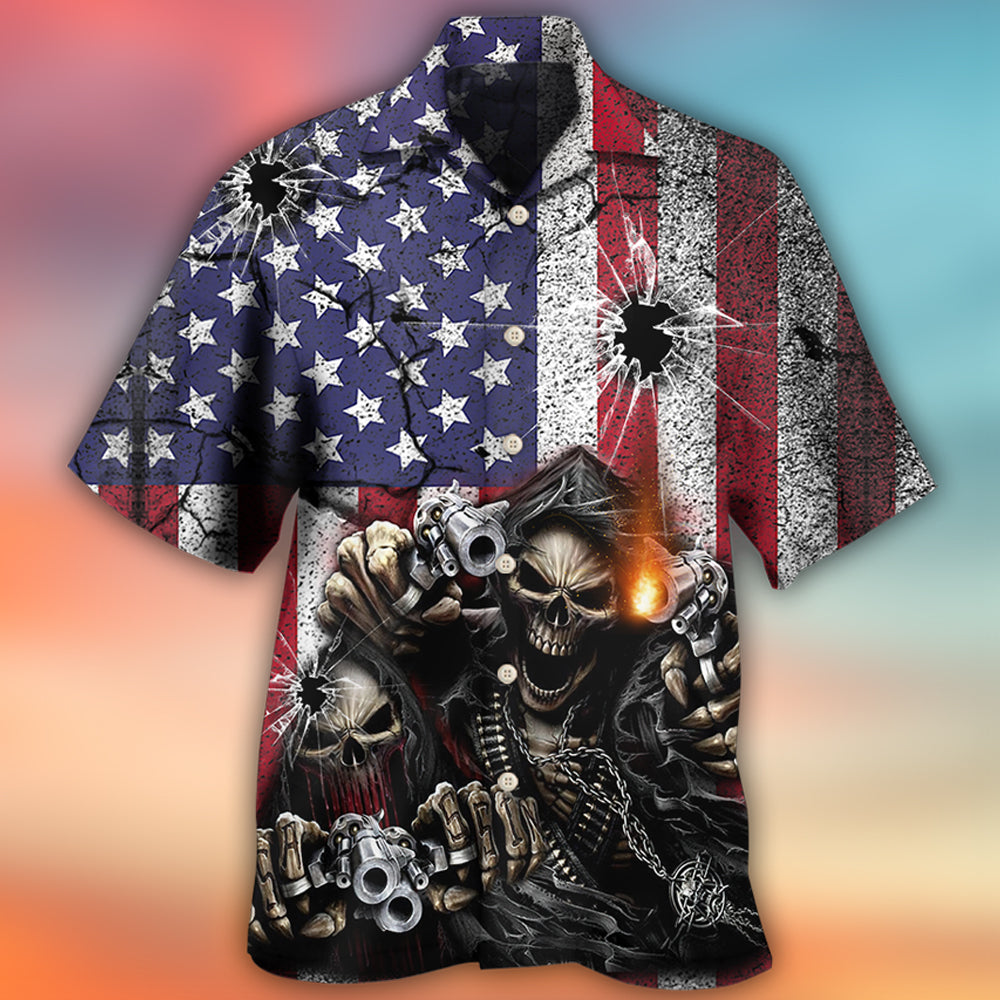 Skull Shot Gun American Flag Vintage - Hawaiian Shirt 