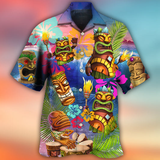Tiki Aloha Tiki Happy Tropical Flower - Hawaiian Shirt 