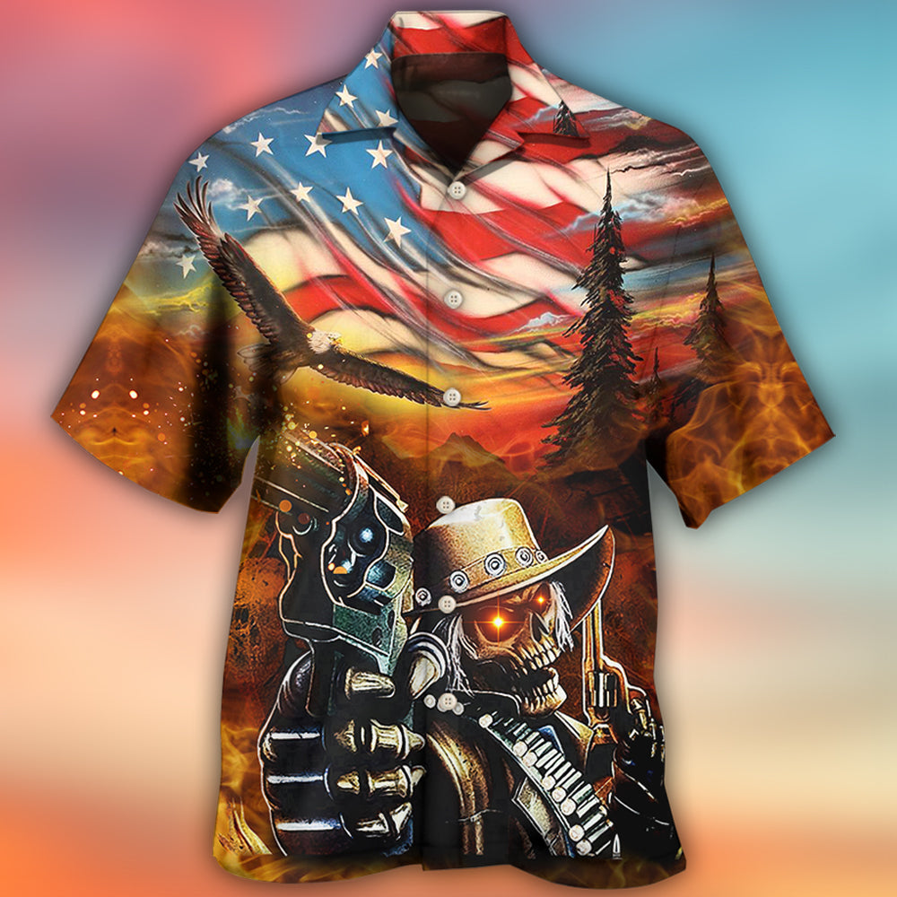 Skull Cowboy Shot Gun American Flag Vintage - Hawaiian Shirt 