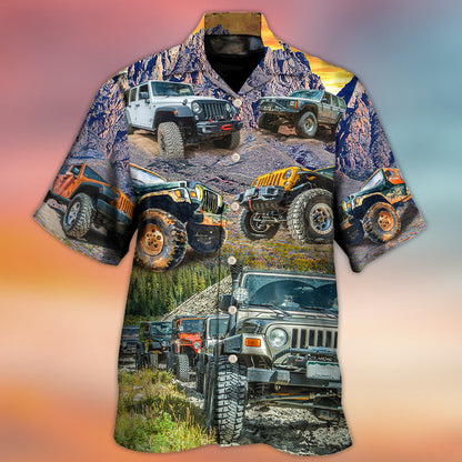 Jeep In The Mountain Sunset Vintage Art Style - Hawaiian Shirt 