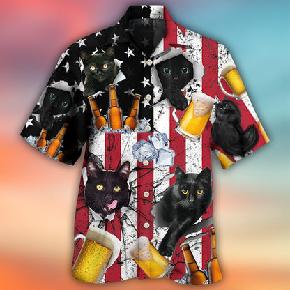 Beer And Black Cat American Flag Vintage - Hawaiian Shirt 