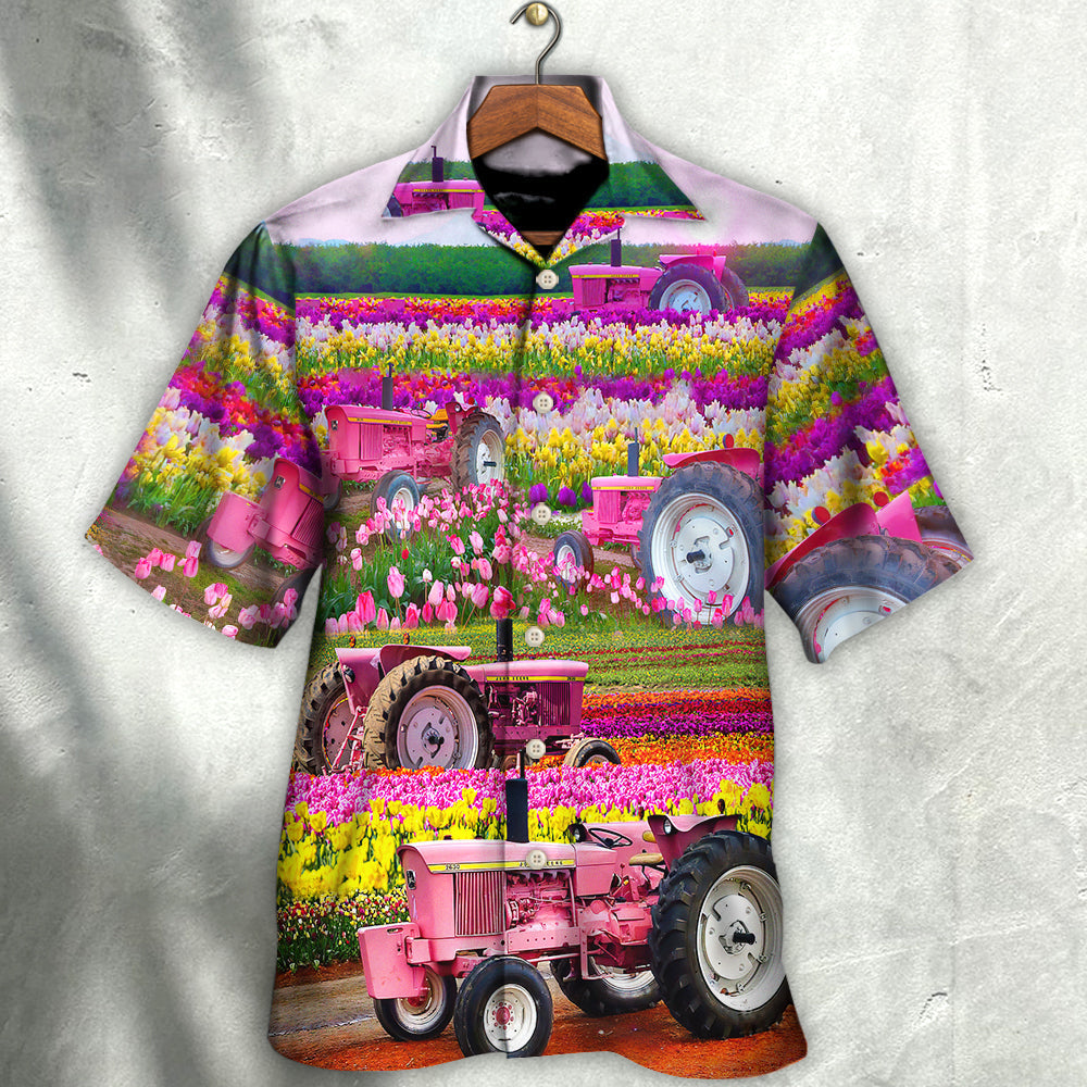 Tractor In Field Tulip Rural Landscape Majestically - Hawaiian Shirt 