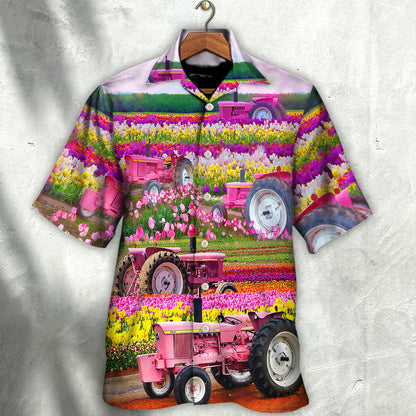 Tractor In Field Tulip Rural Landscape Majestically - Hawaiian Shirt 