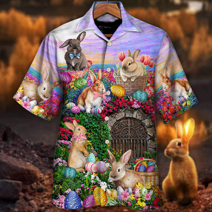 Easter Rabbit Chilling In The Flower Landscape Watercolor Style - Hawaiian Shirt 