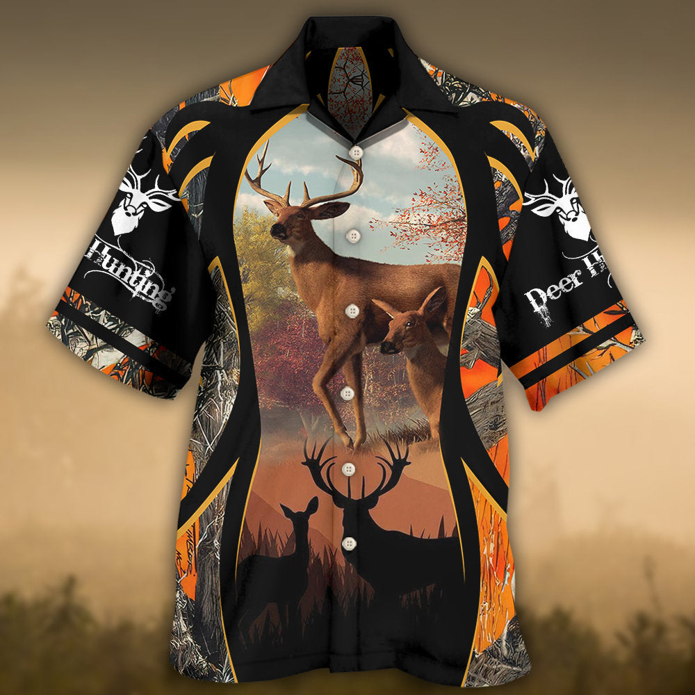 Hunting Deer Orange Camo Background - Hawaiian Shirt 