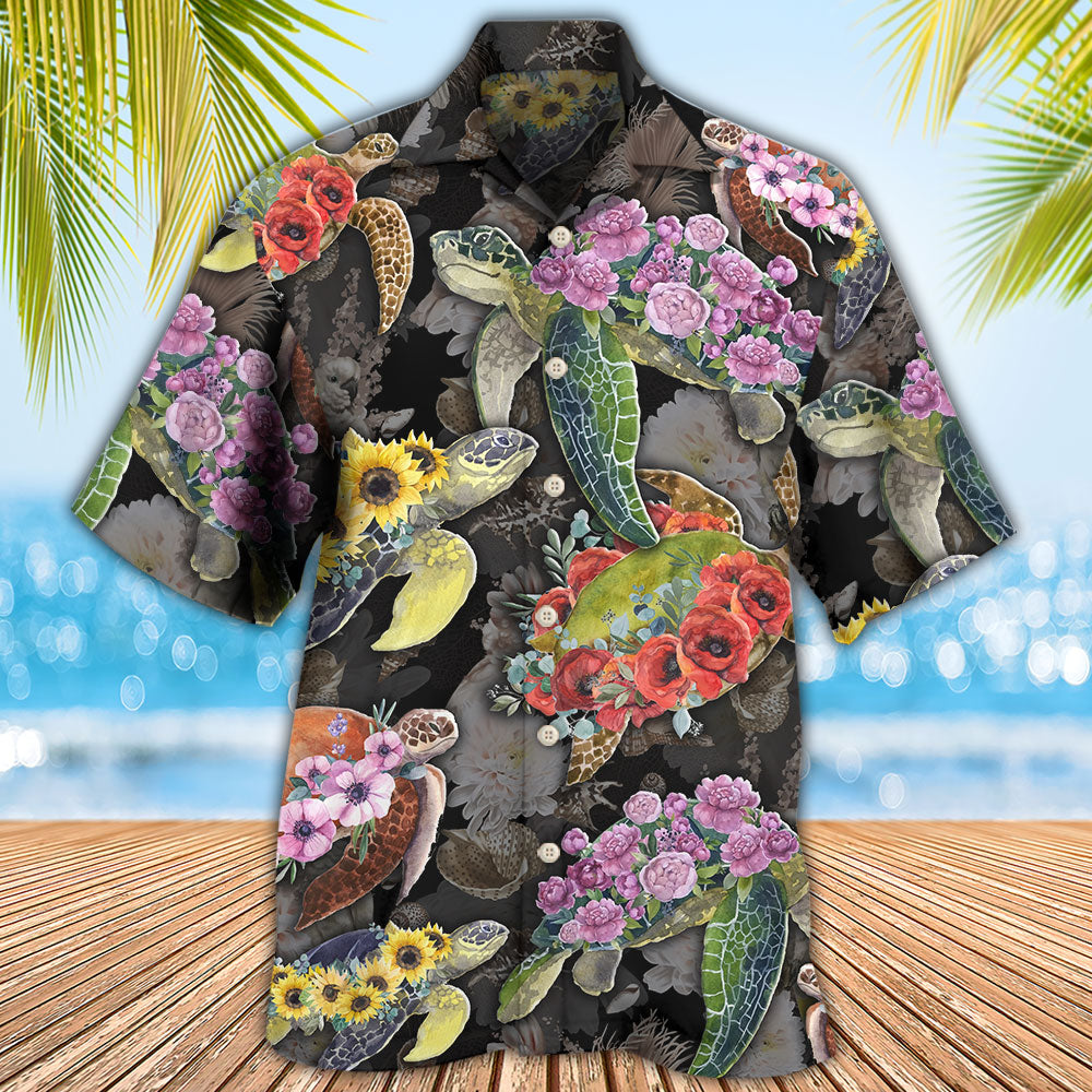 Turtle And Flowers Tropical Art - Hawaiian Shirt 