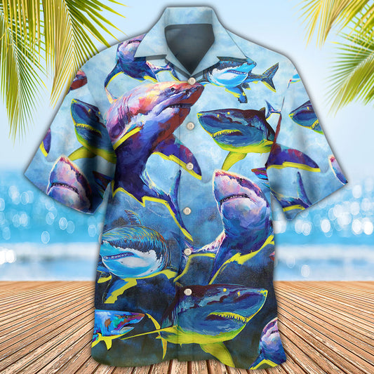 Shark Family Blue And Yellow Light - Hawaiian Shirt 