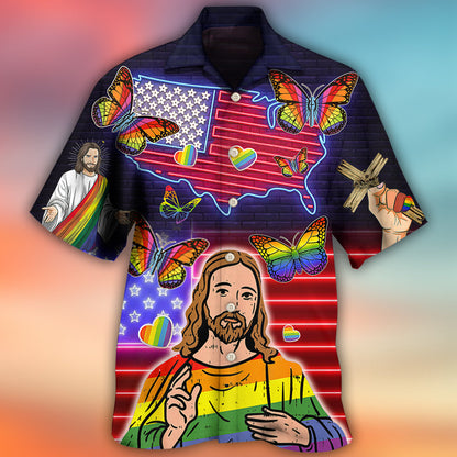 LGBT Independence Day Jesus Butterfly Neon - Hawaiian Shirt 