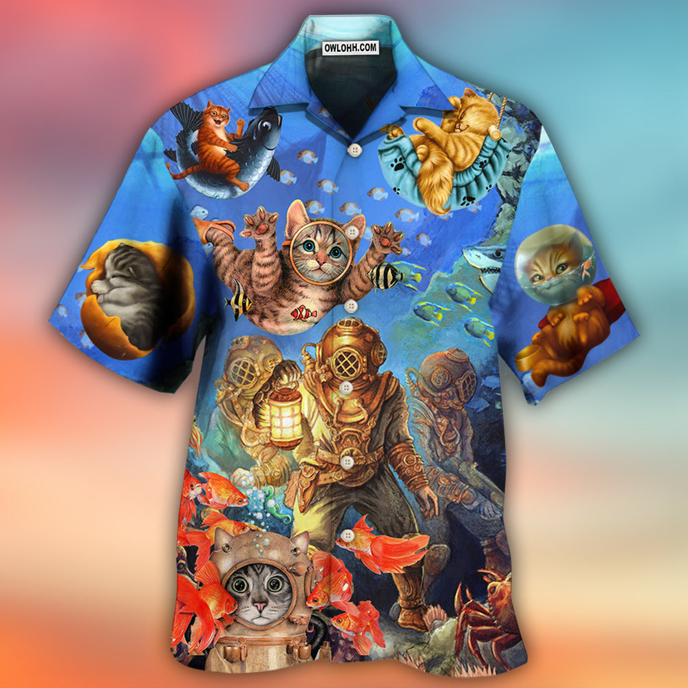 Diving Cat Under The Sea Art Style - Hawaiian Shirt 