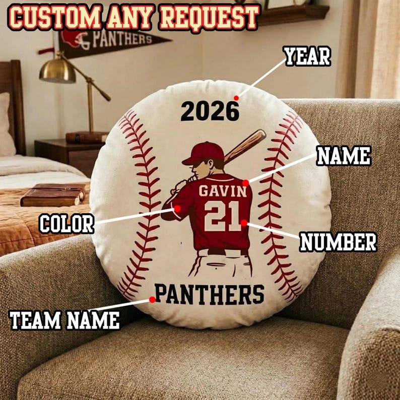 Personalized Baseball Pillow Custom Name Number Team Gift, Kids Sports Room Decor Cushion, Baseball Fan Gift, Custom Pillow