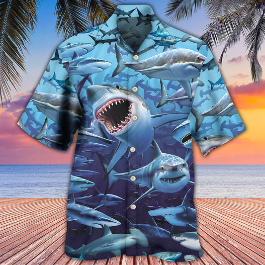 Shark Family Hunting Together - Hawaiian Shirt 