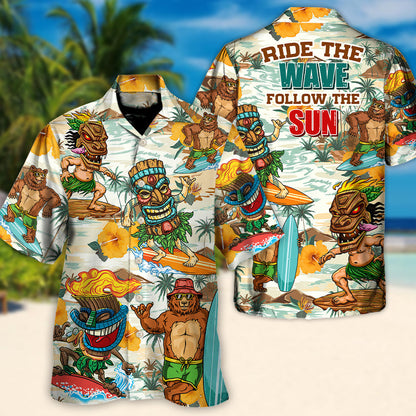 Surfing Funny Bear And Tiki Ride The Wave Follow The Sun Lovers Surfing - Hawaiian Shirt