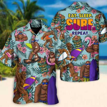 Surfing Funny Bigfoot Eat Sleep Surf Repeat Lovers Surfing - Hawaiian Shirt