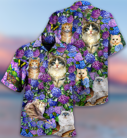 Cat Lovely And Purple Flowers - Hawaiian Shirt 