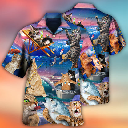 Fishing Cat Cute Beach Art Style - Hawaiian Shirt 