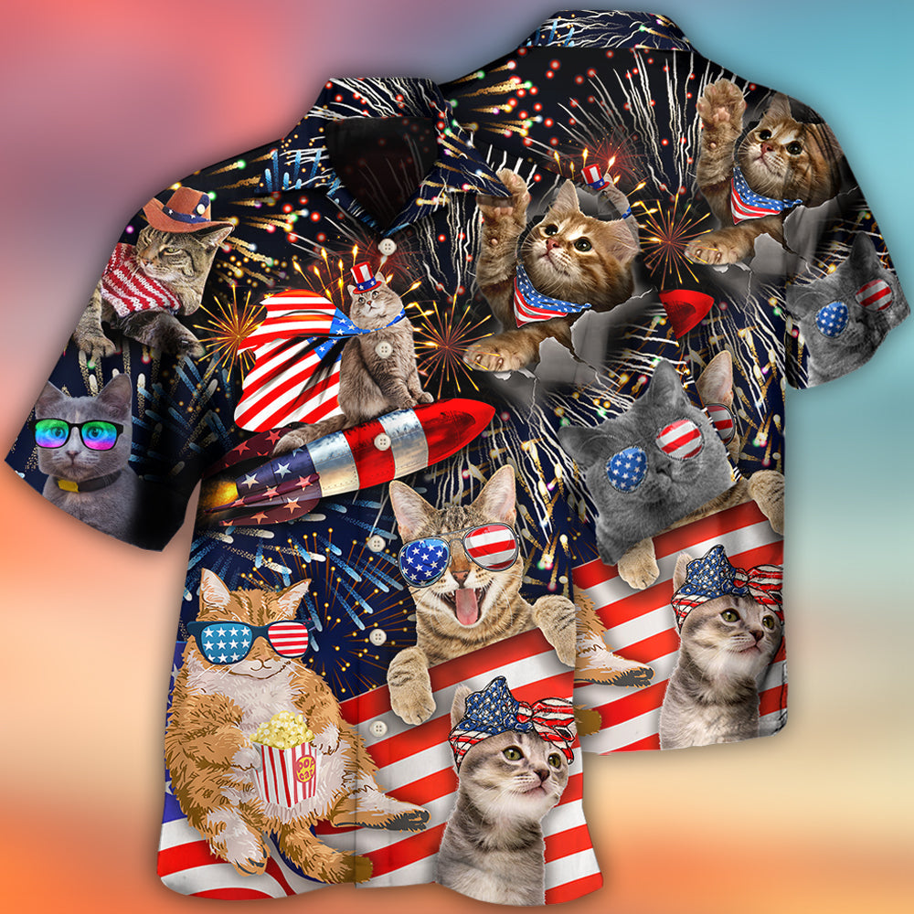 Cat Independence Day Happy Firework - Hawaiian Shirt 