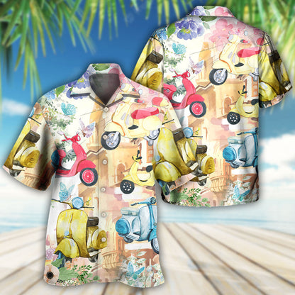 Scooter And Flowers Watercolor Art - Hawaiian Shirt 