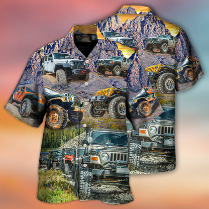 Jeep In The Mountain Sunset Vintage Art Style - Hawaiian Shirt 