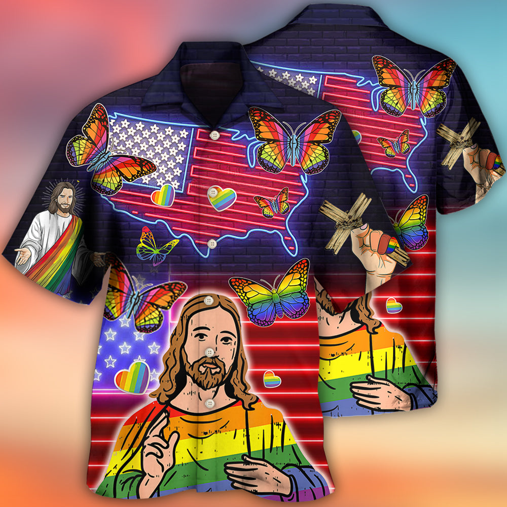 LGBT Independence Day Jesus Butterfly Neon - Hawaiian Shirt 