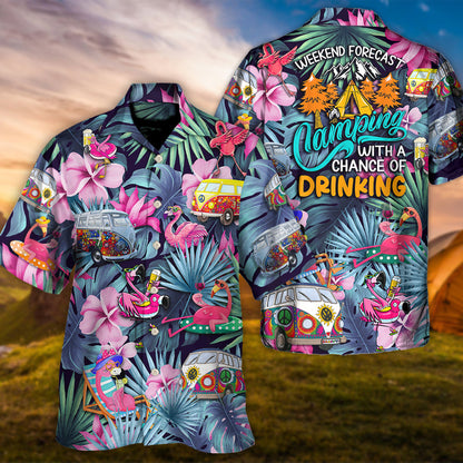 Camisa Hawaiana Unisex para Hombres y Mujeres - Camping Divertido Flamenco Pronóstico del Fin de Semana Acampada Con Posibilidad de Beber