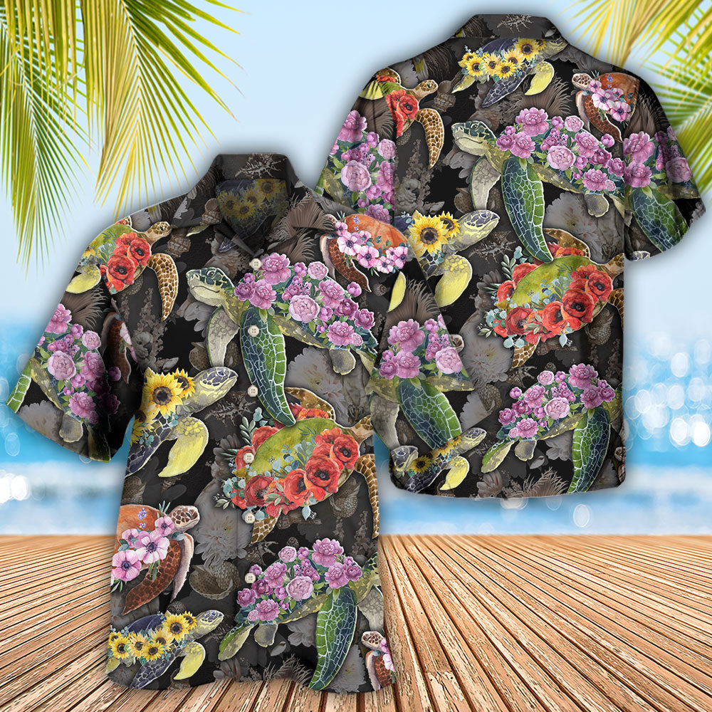 Turtle And Flowers Tropical Art - Hawaiian Shirt 