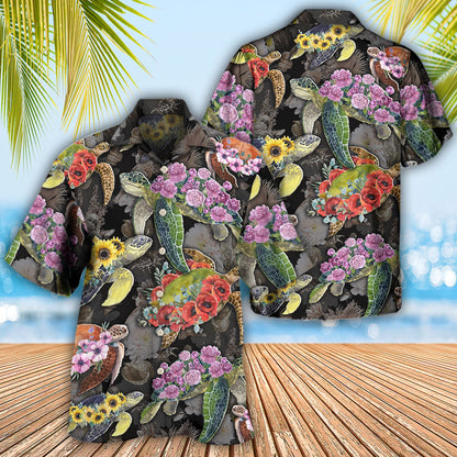Turtle And Flowers Tropical Art - Hawaiian Shirt 