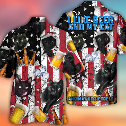 Beer And Black Cat American Flag Vintage - Hawaiian Shirt 