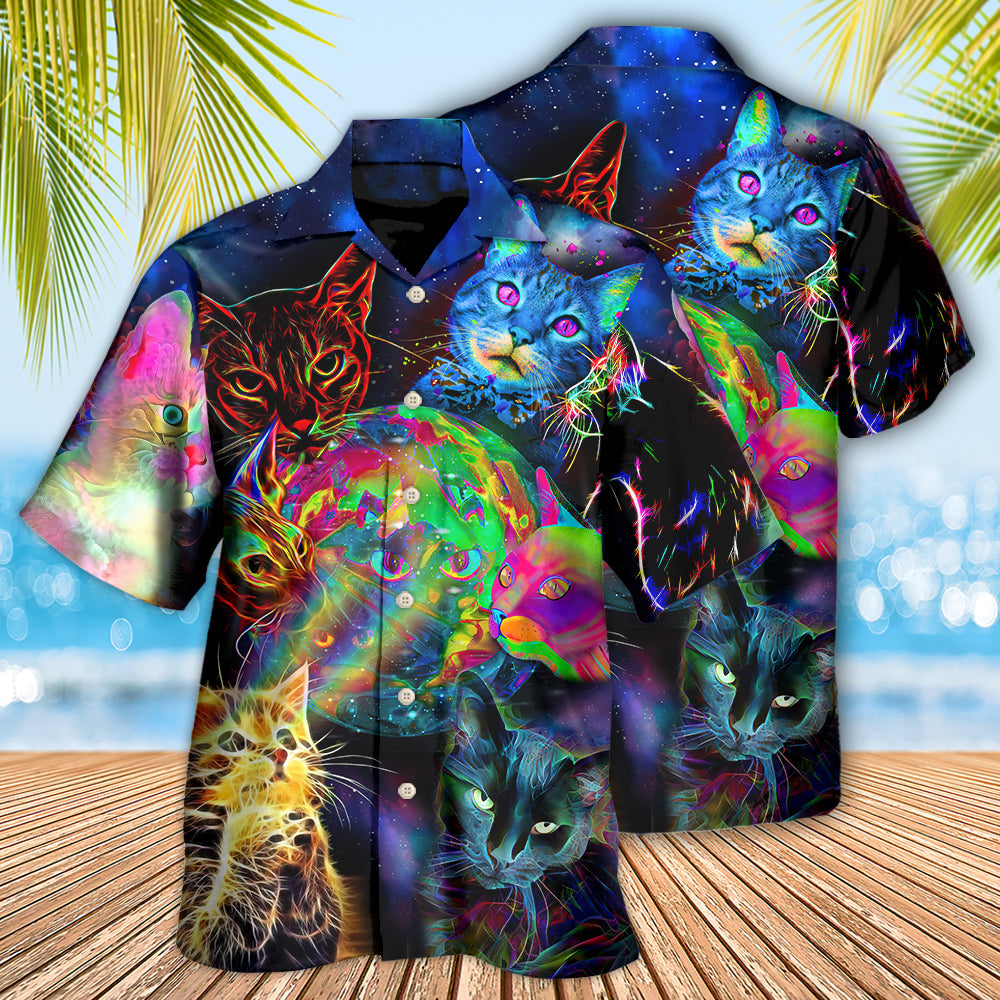 Cat Psychedelic Glowing Galaxy Neon - Hawaiian Shirt 