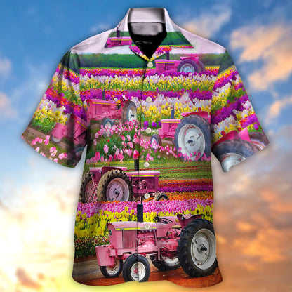 Tractor In Field Tulip Rural Landscape Majestically - Hawaiian Shirt 